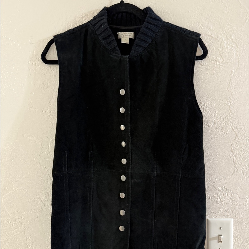 Christopher & Banks Black Suede Button-Up Vest Holiday Winter Christmas New Year